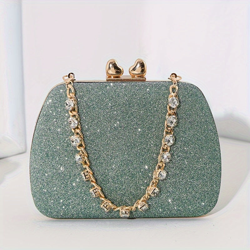 Shimmering Heart Glam Clutch Bag - Studded Chain & Metal Detail - Versatile Evening Wear for Banquets & Parties - Durable PU Material