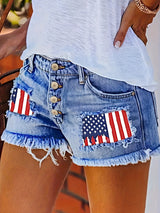 Stylish High-Waisted Ripped Patchwork Denim Shorts - Women Denim Shorts with Light Blue Washed Distressed, Cute American Flag Print, Single-breasted, Independence Day 4th Of July Summer Fashion, Casual Comfortable Shorts for