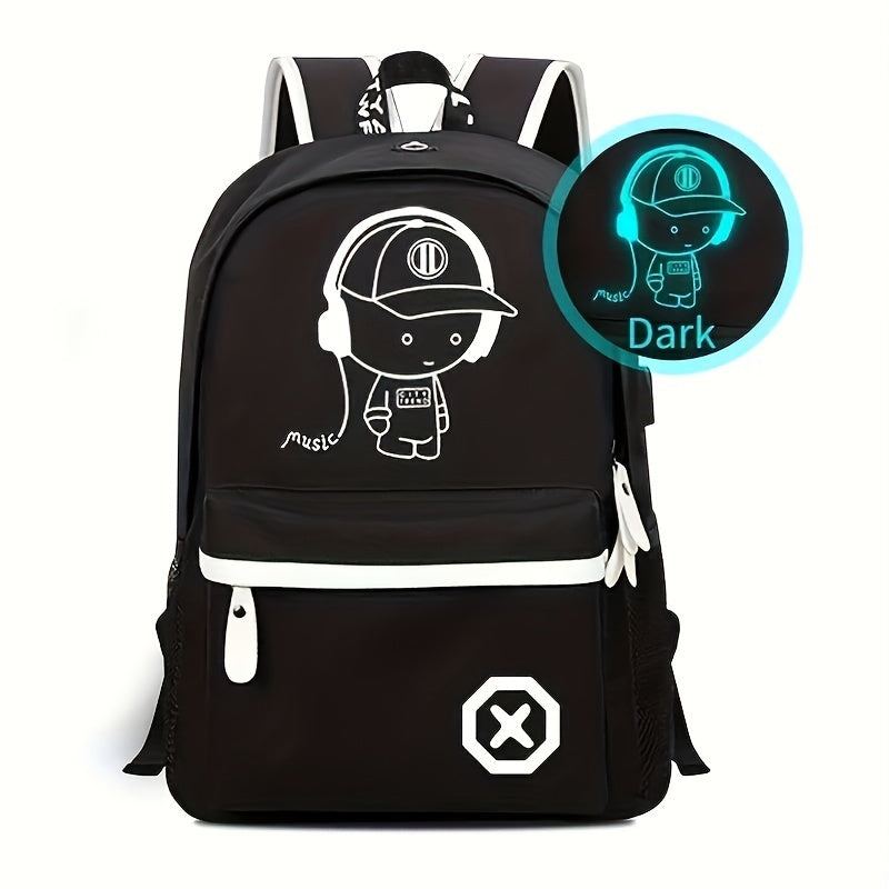 2pcs/set Large Capacity Simple Backpack, Cartoon Print Travel Backpack School Bag Crossbody Bag Chest Bag