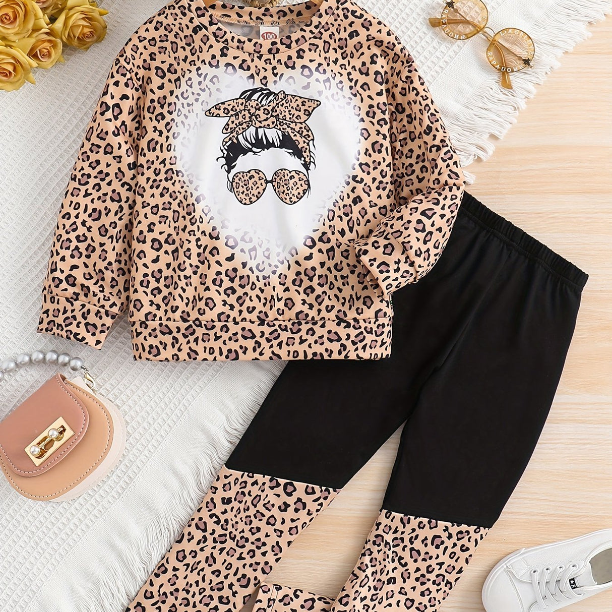 Girl's Camouflage Pattern 2pcs, Long Sleeve Top & Pants Set, Anime Sunglasses Girl Print Casual Outfits, Kids Clothes For Spring Fall