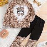Girl's Camouflage Pattern 2pcs, Long Sleeve Top & Pants Set, Anime Sunglasses Girl Print Casual Outfits, Kids Clothes For Spring Fall