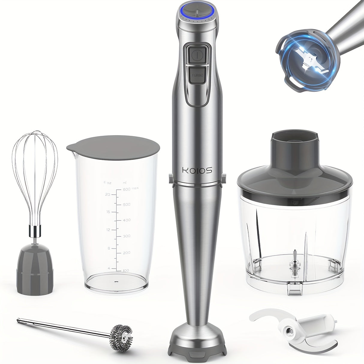 KOIOS Immersion Hand Blender, Stainless Steel Stick Blender with 12-Speed & Turbo Mode 1100W Motor, 5-in-1 Handheld Blender with 600ml Mixing Beaker with Lid, 500ml Chopper, Whisk, Milk Frother