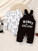2pcs Of Baby Boy Autumn Style Cow Head Print Long Sleeved Shirt+overalls with Letter Print Set, Perfect for Outdoor