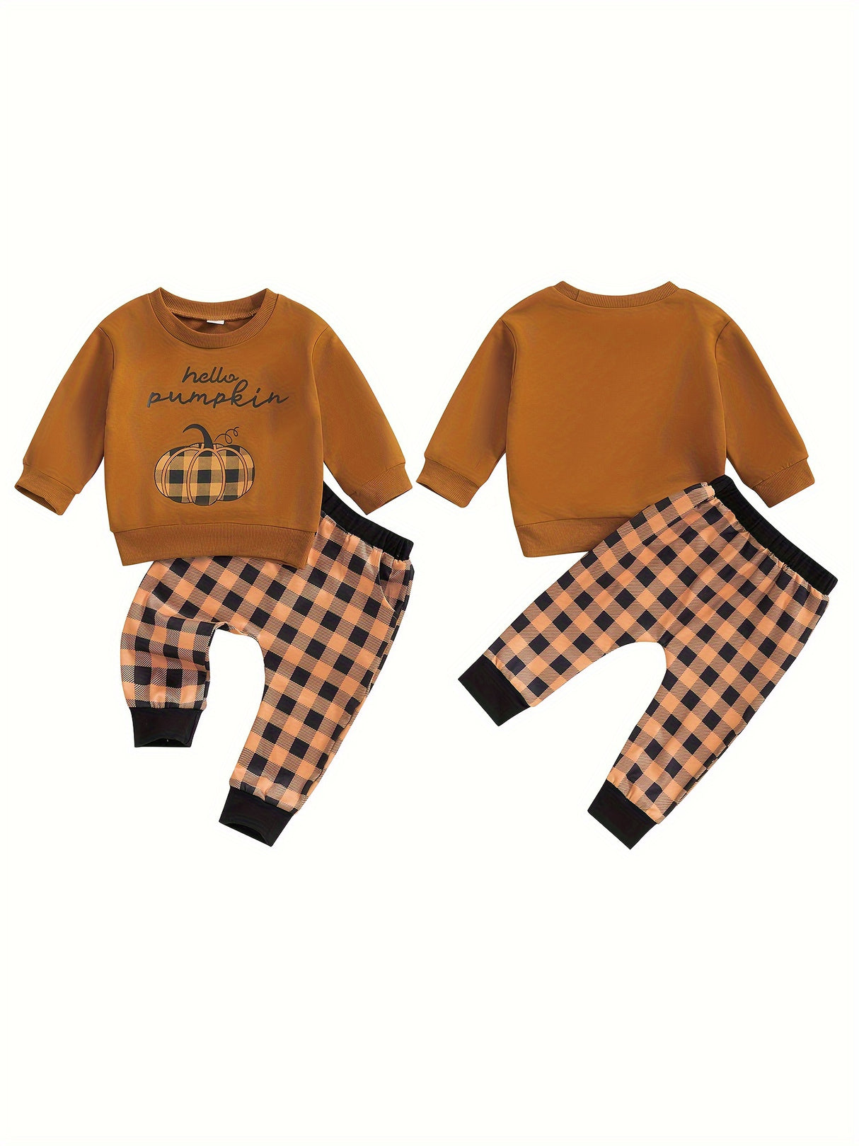 Toddler Boys Halloween Sets Long Sleeve Letter Pumpkin Print Tops Plaid Pants Sets