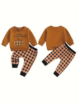 Toddler Boys Halloween Sets Long Sleeve Letter Pumpkin Print Tops Plaid Pants Sets