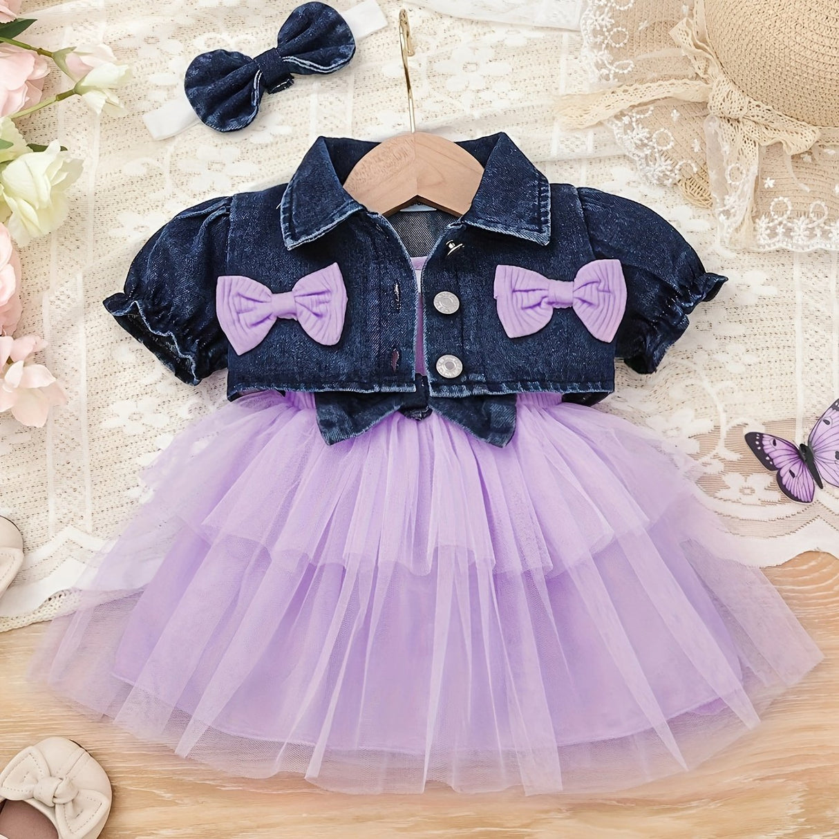 Baby Girl Outfit Denim Head Knot+Denim Short -Sleeved Jacket+Sling Mesh Skirt with 3 - 24 Months, Perfect for Outdoor