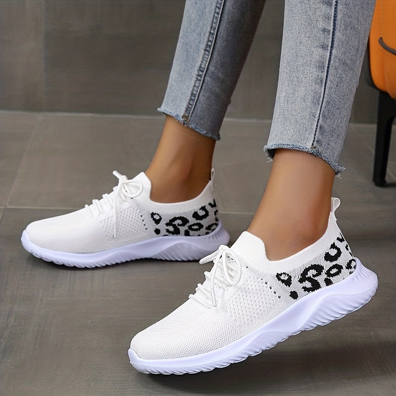 Women's Leopard Knit Sports Shoes, Breathable Lace Up Low Top Running Shoes, Casual Walking Tennis Sneakers