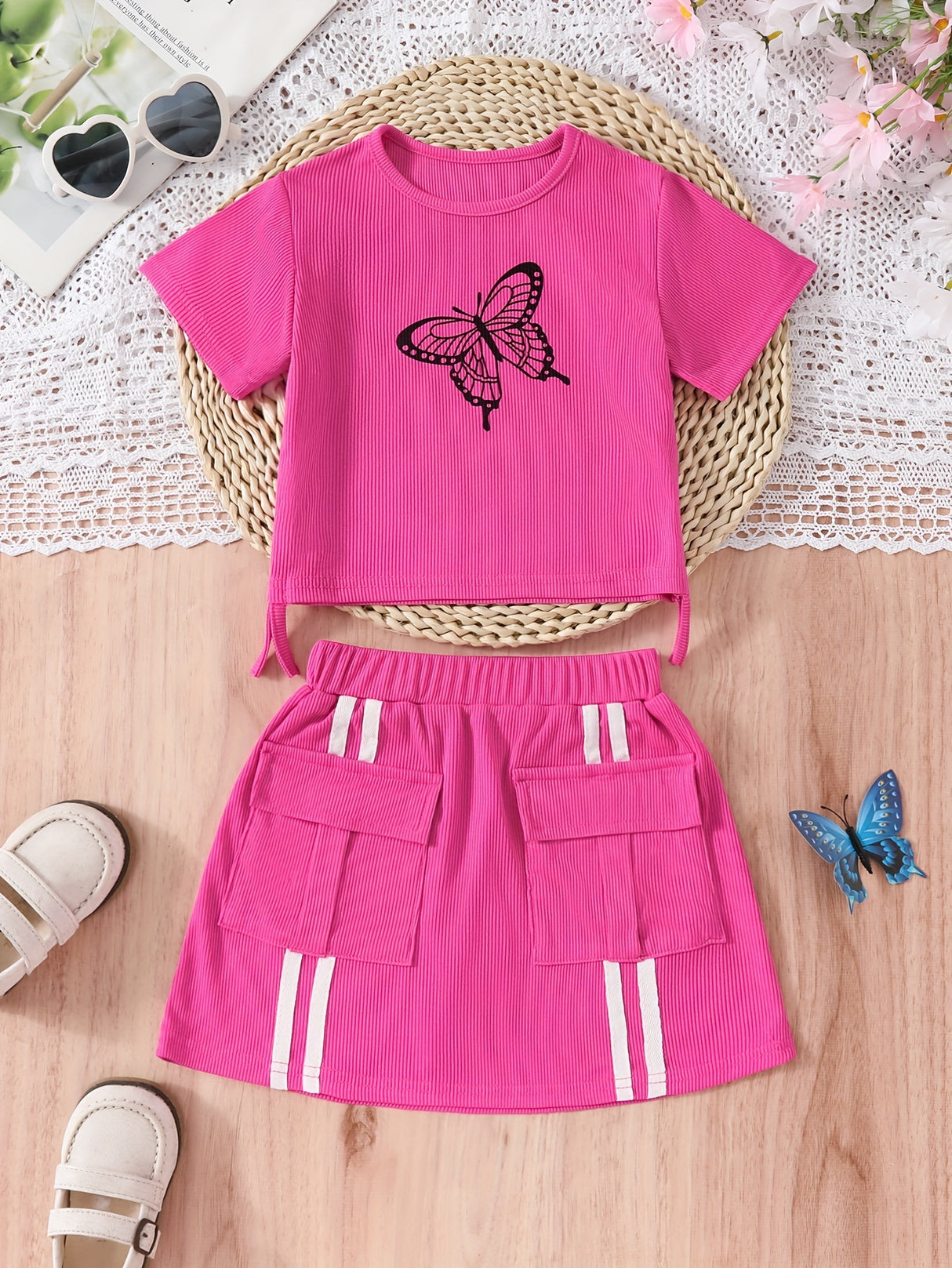 Girl's Trendy 2pcs, Drawstring T-shirt & Skirt Set, Butterfly Print Ribbed Short Sleeve Top, Casual Outfits, Kids Clothes For Summer