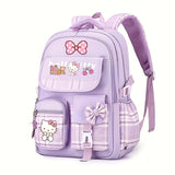 Sanrio Hello Kitty Backpack with 2 Free Hairpins - Large Capacity Laptop Backpack, Lightweight School Bag with Adjustable Straps & Zipper Closure, Cute Purple Plaid & Hello Kitty Prints, Gift for Girls, Birthday, Sanrio Fans