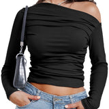 Long Sleeve Crop Tops, One Shoulder Womens Off Shoulder Going Out Blouses Casual Boat Neck Y2K Tight Shirts 2024