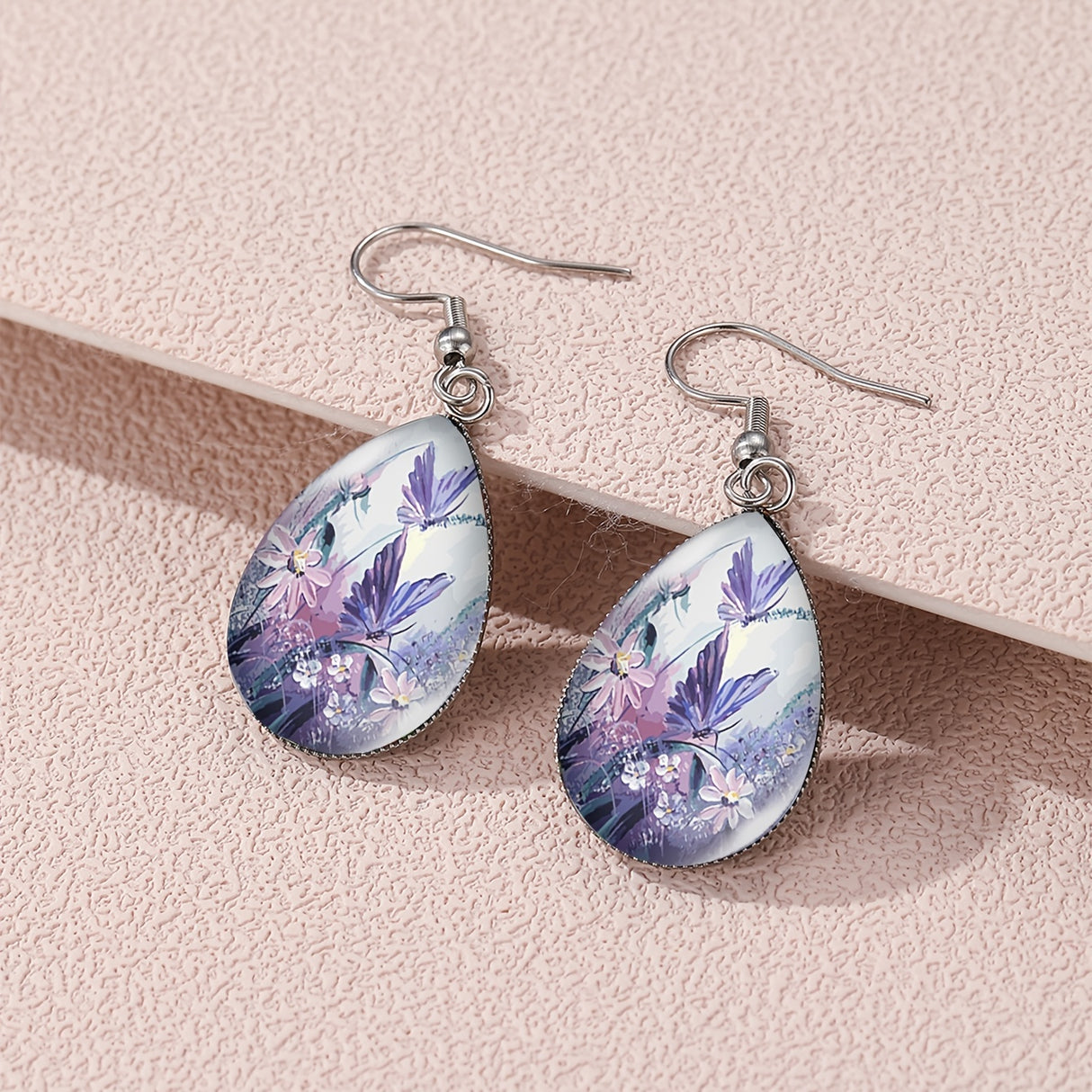 Elegant Sunflower & Hummingbird Water Drop Earrings - Stainless Steel Posts, Glass Material, Perfect for Casual Attire, Pair, Elegant Style