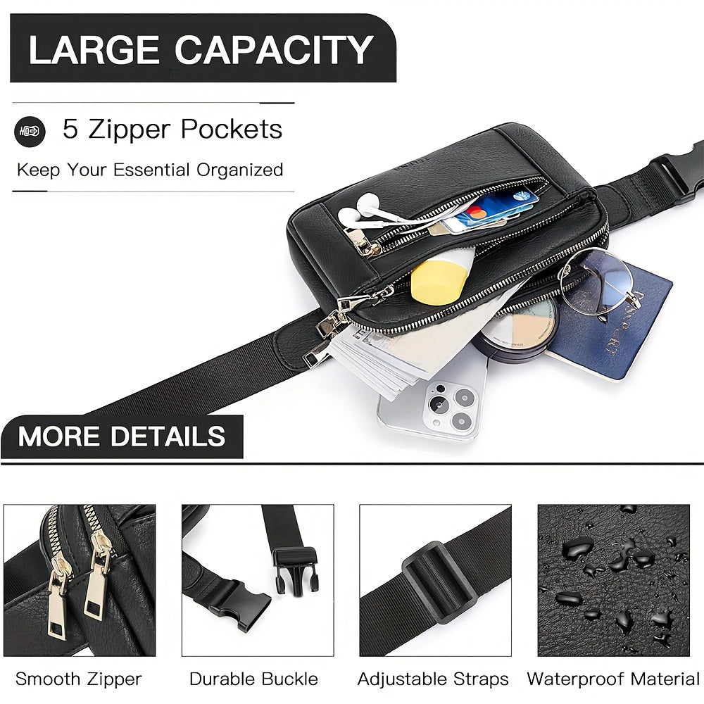 Upgraded Women's Faux Leather Crossbody Bag Belt Bag Fashionable Waist Bag with Adjustable Shoulder Strap Chest Bag with 5 Zipper Pockets