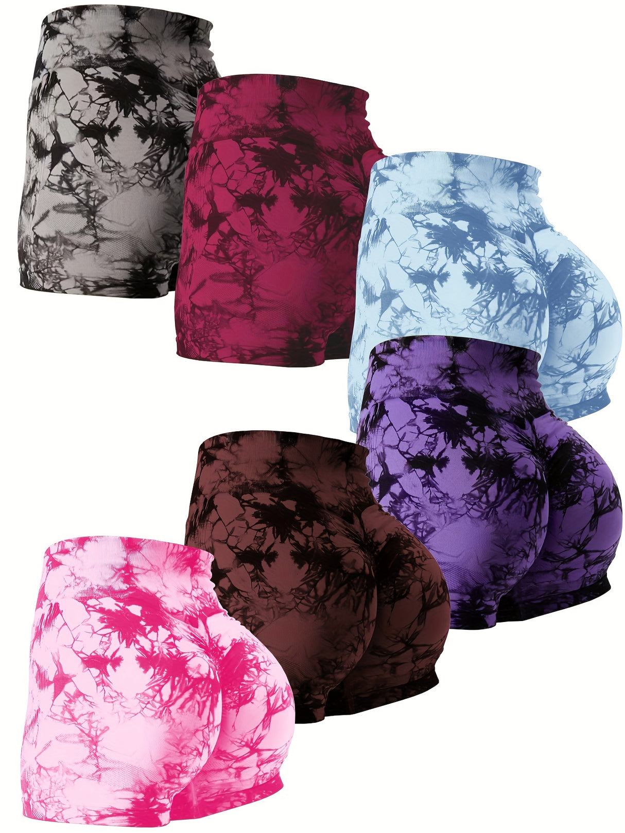 6pcs Vibrant Tie-Dye High-Waist Yoga Shorts for Women - Scrunch Butt Lifting, Seamless Booty Biker Shorts with Side Pockets, Stretchy & Breathable Nylon Blend, Perfect for Gym & Fitness Enthusiasts, Workout Accessories