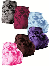 6pcs Vibrant Tie-Dye High-Waist Yoga Shorts for Women - Scrunch Butt Lifting, Seamless Booty Biker Shorts with Side Pockets, Stretchy & Breathable Nylon Blend, Perfect for Gym & Fitness Enthusiasts, Workout Accessories