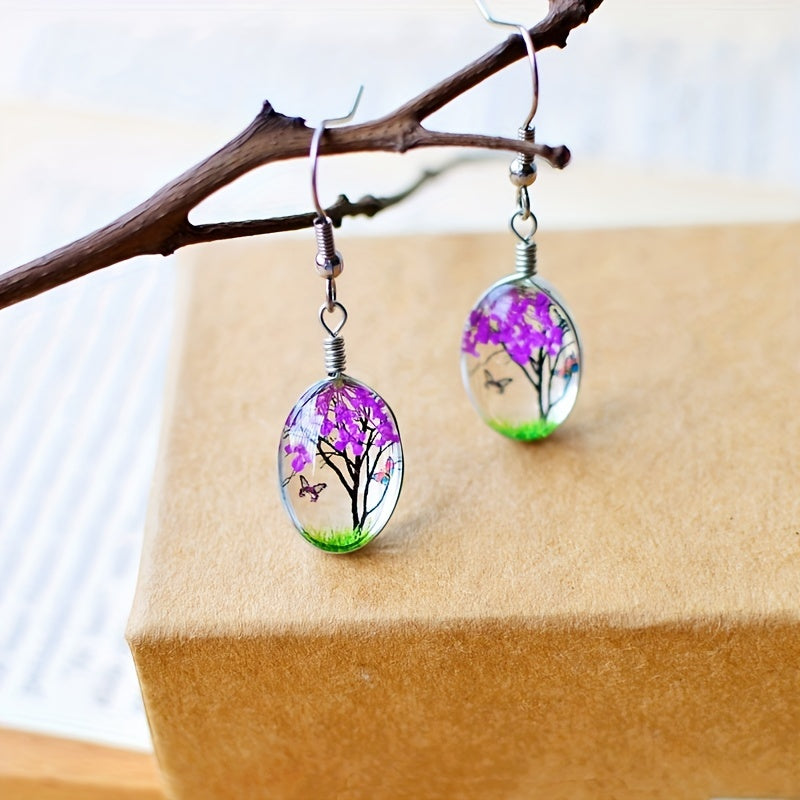 Dried Flower Tree Butterfly Design Dangle Earrings Bohemian Elegant Style Exquisite Gift For Women Daily Casual