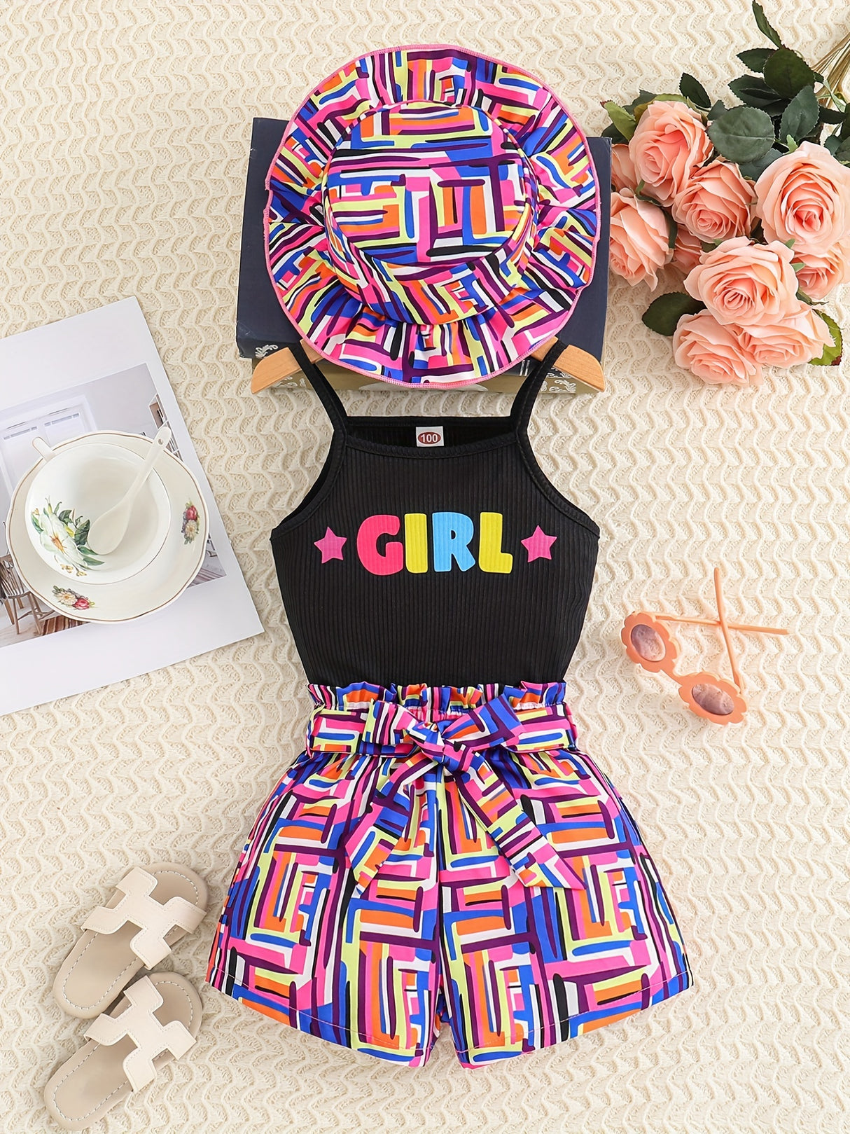 Toddler Girl's Geometric Pattern 3pcs, Ribbed Cami Top & Hat & Belted Shorts Set, Street Style Casual Outfits, Kids Clothes For Summer Vacation Music Festival
