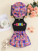 Toddler Girl's Geometric Pattern 3pcs, Ribbed Cami Top & Hat & Belted Shorts Set, Street Style Casual Outfits, Kids Clothes For Summer Vacation Music Festival