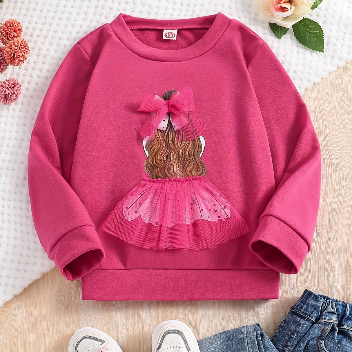 Girls, Mesh Bowknot Princess Design Pullover Long Sleeve Crew Neck Sweatshirt Tops, Kids Clothes For Spring Fall