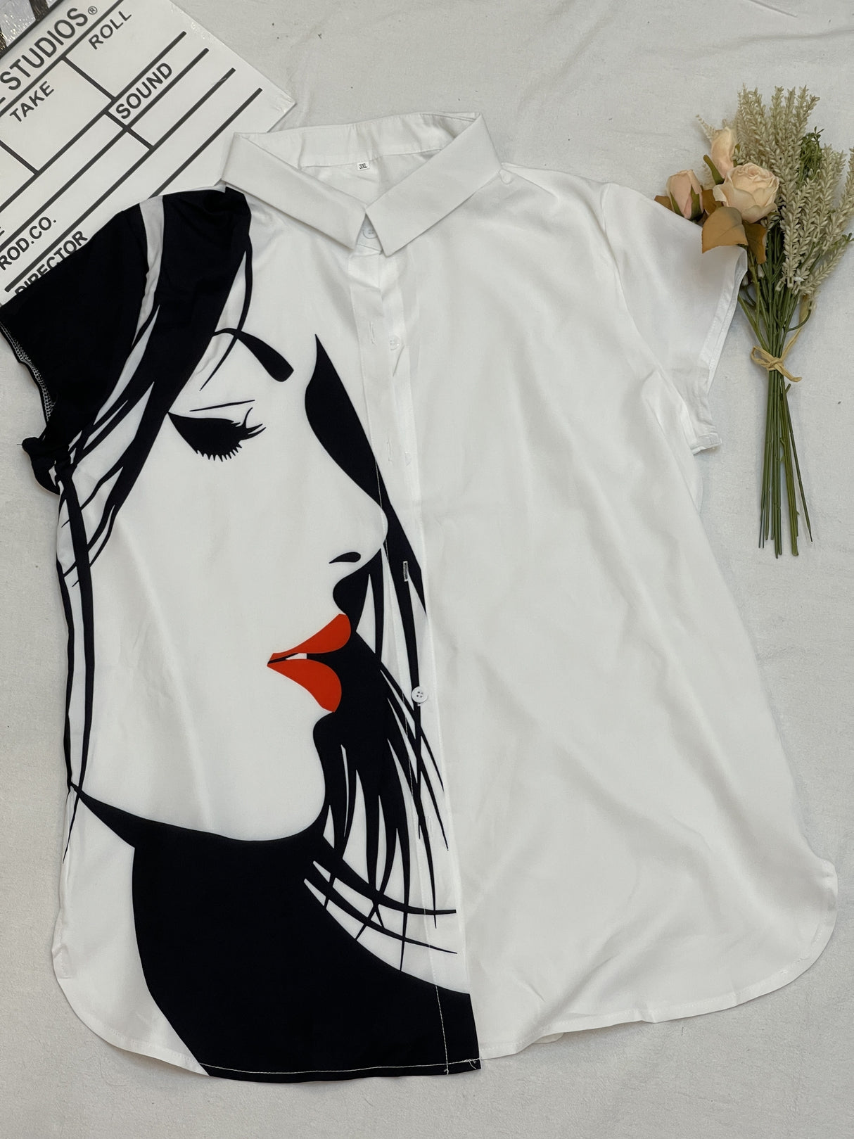 Plus Size Casual Blouse, Women's Plus Figure Print Cap Sleeve Turn Down Collar Blouse
