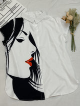 Plus Size Casual Blouse, Women's Plus Figure Print Cap Sleeve Turn Down Collar Blouse