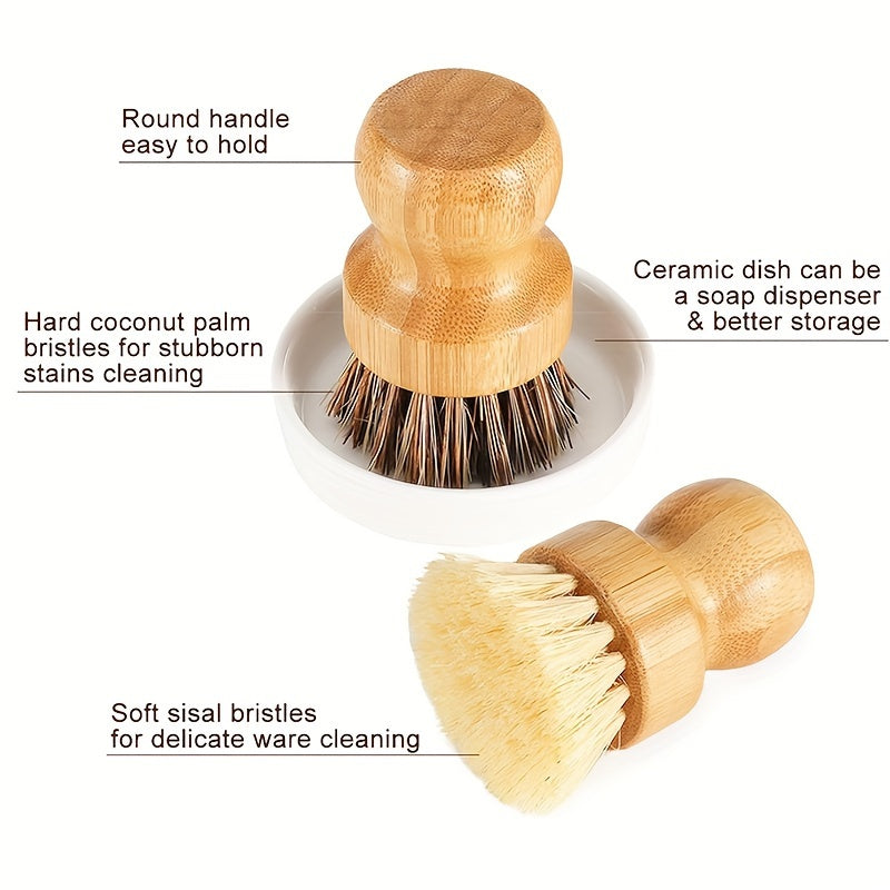 Sustainable Bamboo Dish Brush Set for Kitchen - Reusable, Hard Bristle Scrubbers for Cast Iron Pots & Pans, Natural Cleaning Essentials