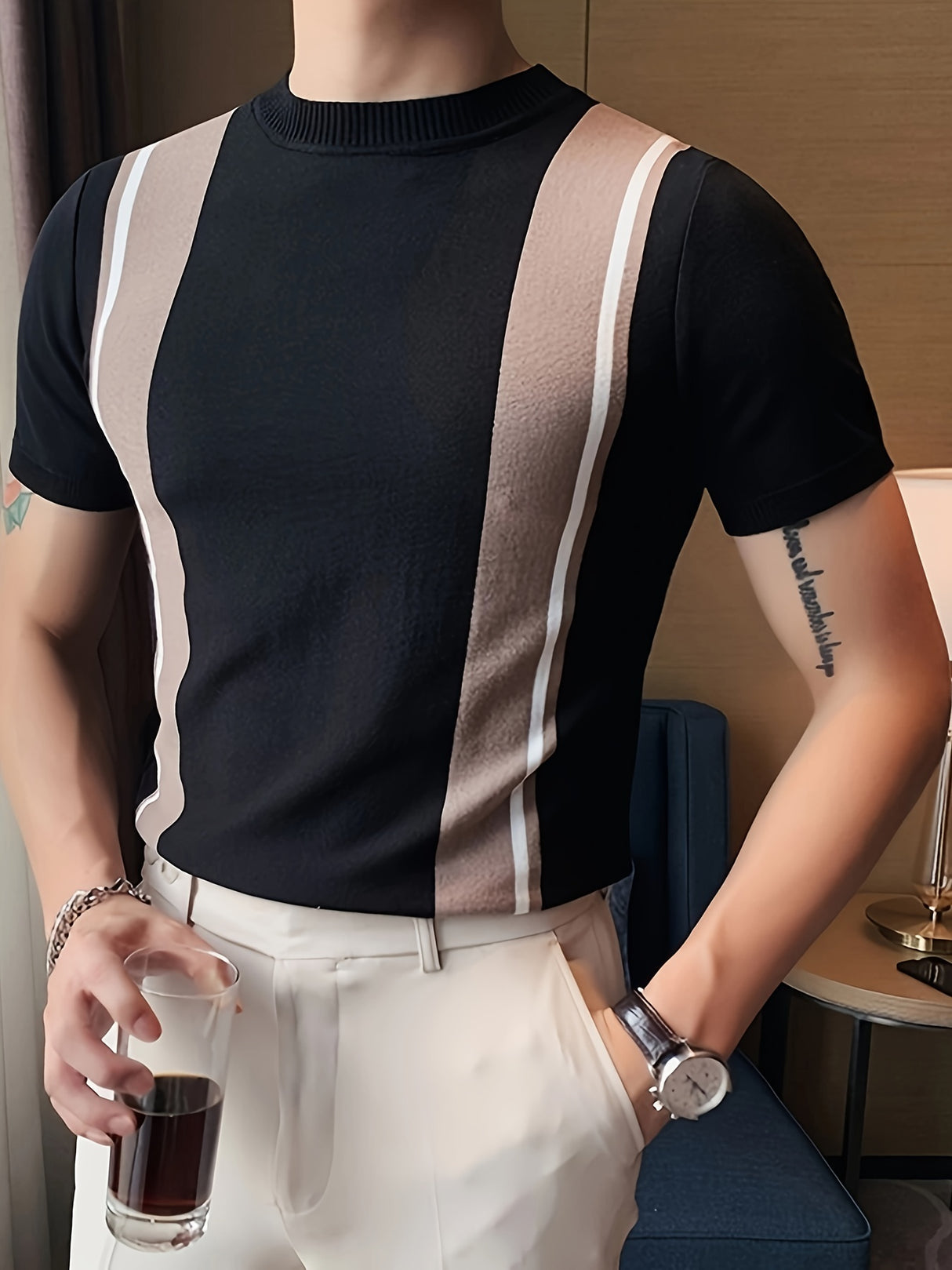 Color Block Chic Knit Shirt, Men's Casual Crew Neck High Stretch V-Neck Pullover Sweater For Men Spring Fall