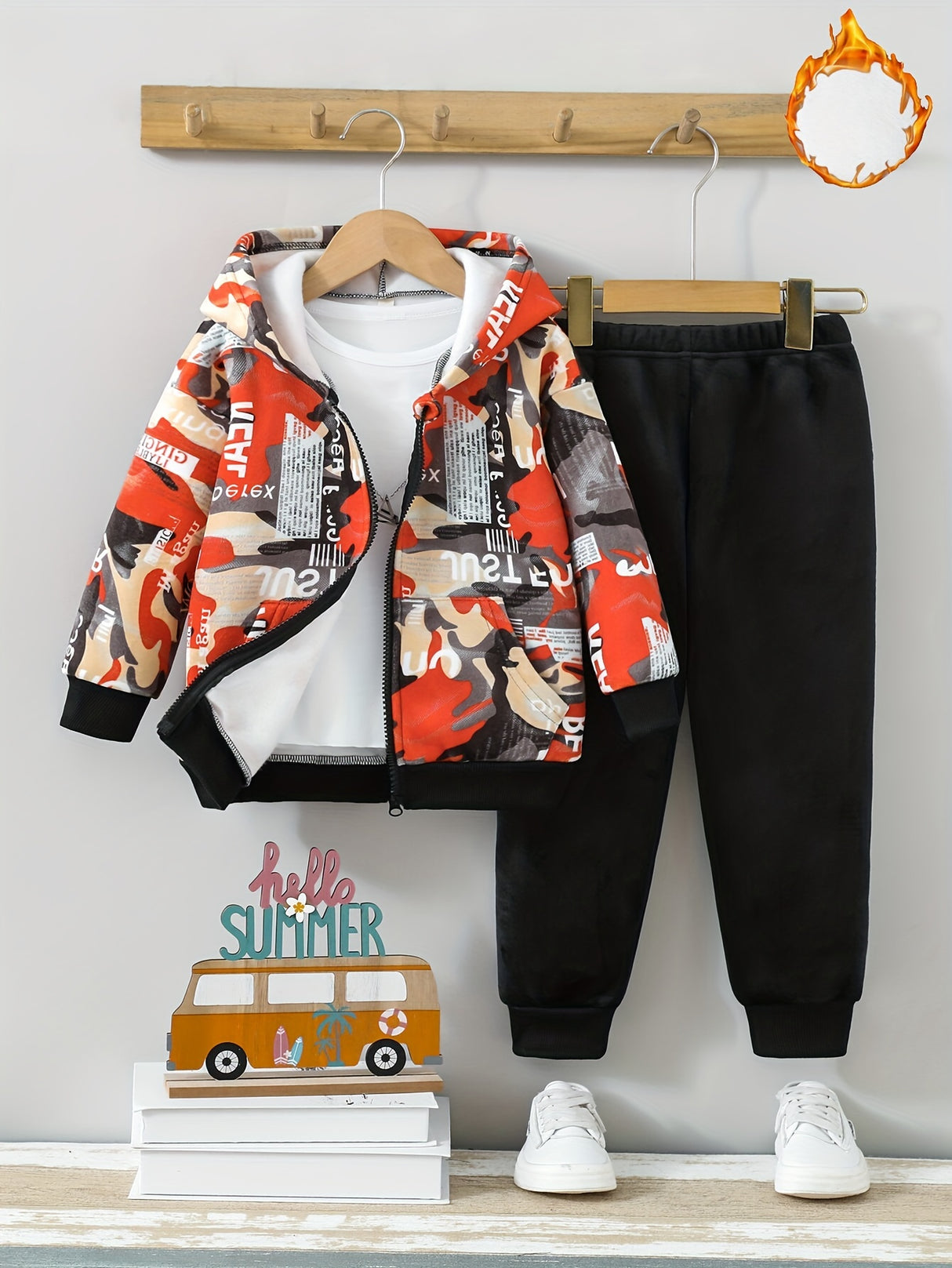 2pcs Boy's Camouflage Letter Print Hooded Outfit, Casual Zipper Hoodie & Pants Set For Outdoor Wear, Boys Clothes, As Gift