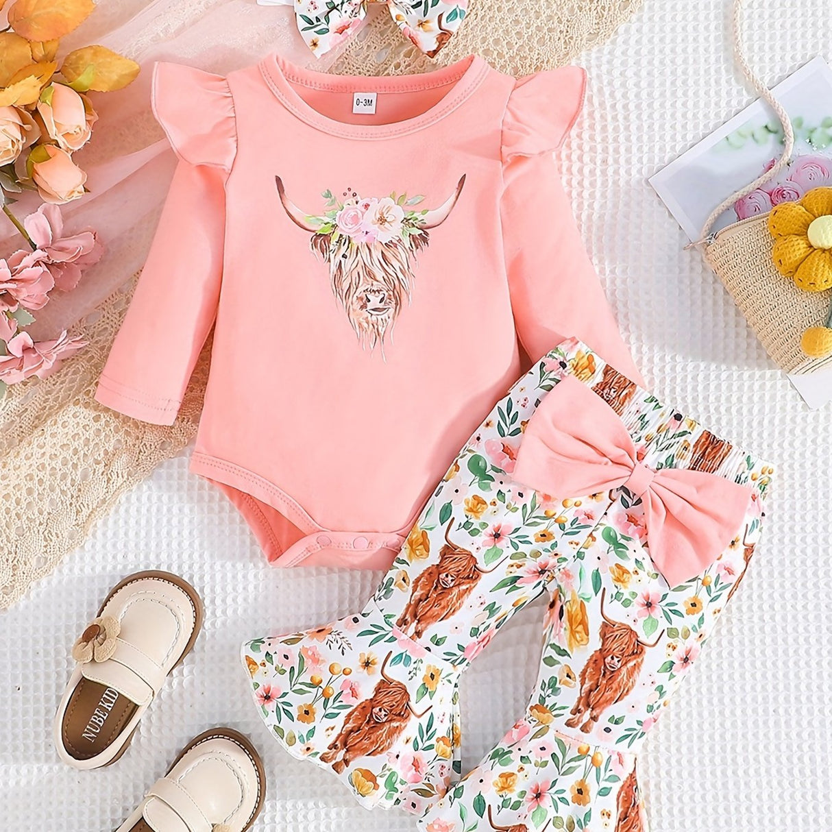 Cozy Cotton Blend Baby Girl 3-Piece Set - Cow Print, Long Sleeve, Bow Accents for Fall/Winter