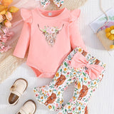 Cozy Cotton Blend Baby Girl 3-Piece Set - Cow Print, Long Sleeve, Bow Accents for Fall/Winter