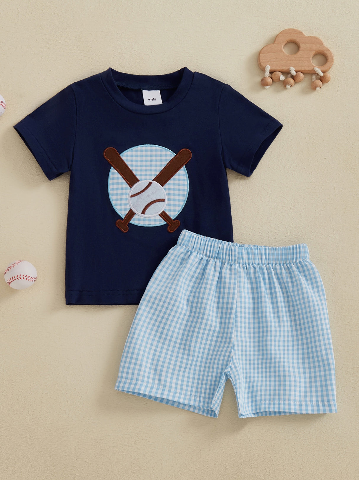 Toddler Boys' Baseball Embroidered Cotton Shorts Set - Comfy Short Sleeve Round Neck Top with Elastic Waistband Plaid Shorts, Machine Washable, All-Season Wear, Comfortable Playwear|Playful Kids' Clothes|Easycare Clothing, Pe