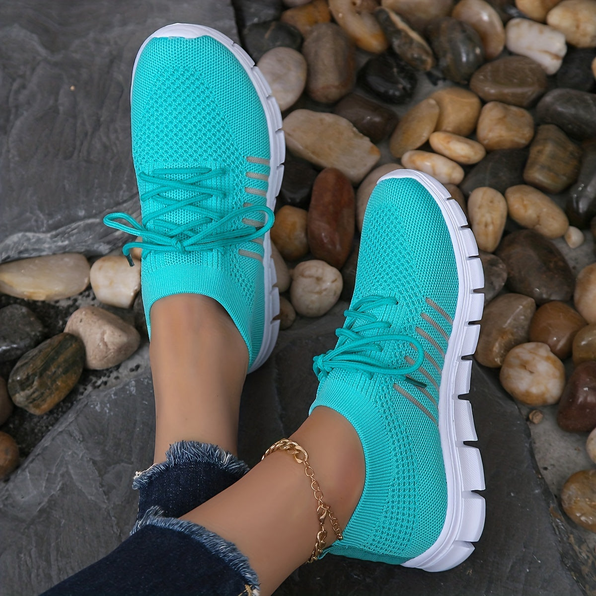Womens All-Season Lace Up Knit Sneakers - Breathable Mesh Upper, Comfortable Fabric Insole, EVA Sole, Versatile Solid Color Running Shoes for Casual Wear
