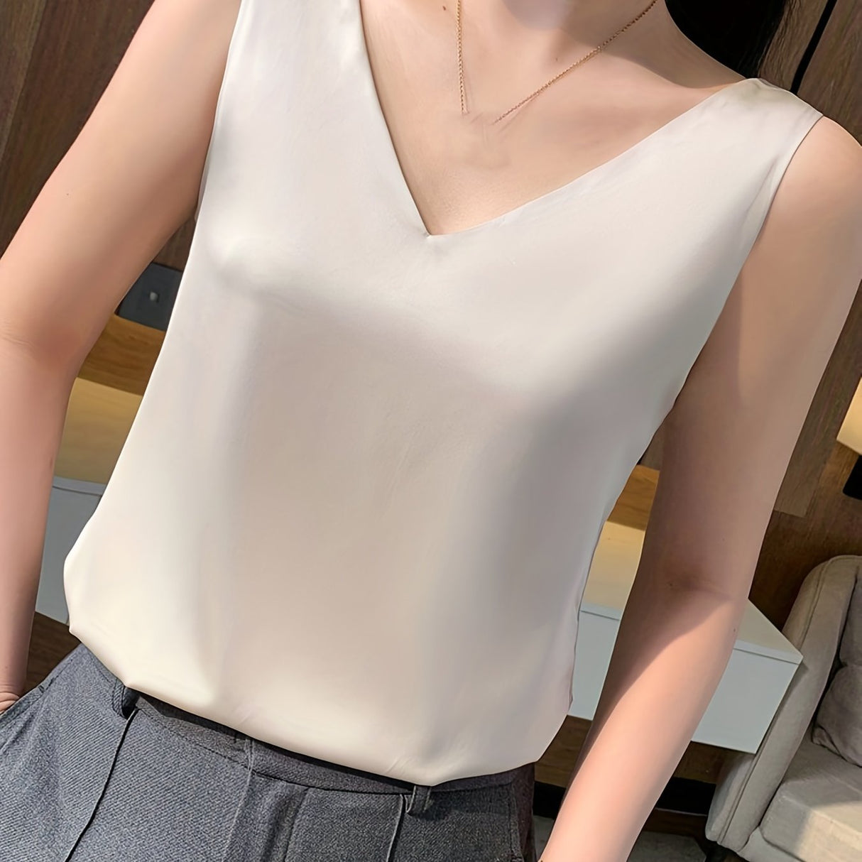 Elegant Summer V-Neck Tank Top for Women: Chic Sleeveless, Sexy Slingback Design, Polyester-Spandex Blend