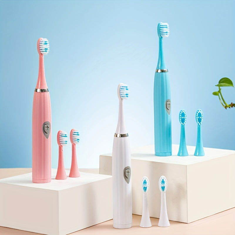 Portable electric toothbrush that doesn't require charging, with tapered soft bristle brush head for adults