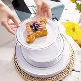 500 Pcs Golden Plastic Plates with Golden Silverware, White Golden Plastic Dinnerware Set for Party include: 100 Dinner Plates 10.25 inch, 100 Dessert Plates 7.5 inch, 100 Golden Silverware Sets