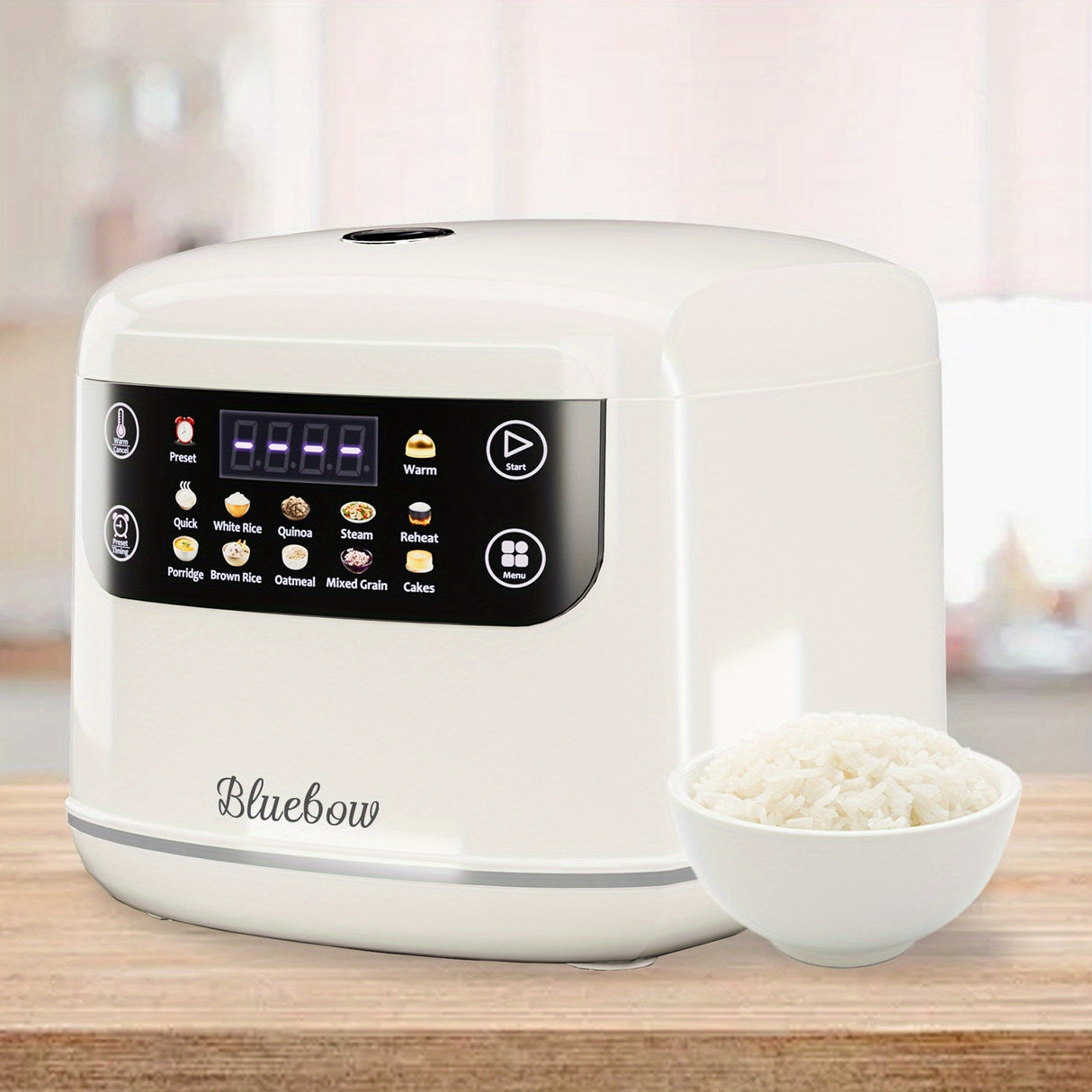 Bluebow 2L Mini Digital Rice Cooker - 10-in-1 Portable Multi-Function with Auto Presets, Non-Stick Inner Pot, Touch-Screen Controls, Delay & Keep Warm, White, Perfect for Home Kitchens, Sleek Modern Appliance | Durable Alumin
