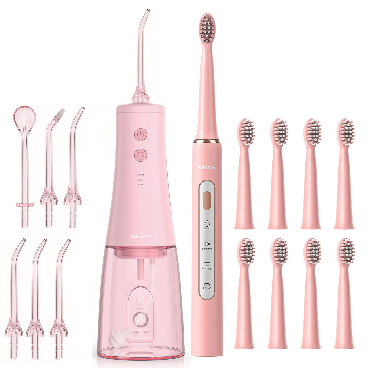 Pink Water Flosser And Electric Toothbrush, 6 Jet Tips & 8 Brush Heads, Usb Chargeable, Best Christmas Gift