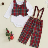 Baby Boy Christmas Outfit, Long Sleeve Romper with Plaid Overall Pants and Vest Infant Outfit