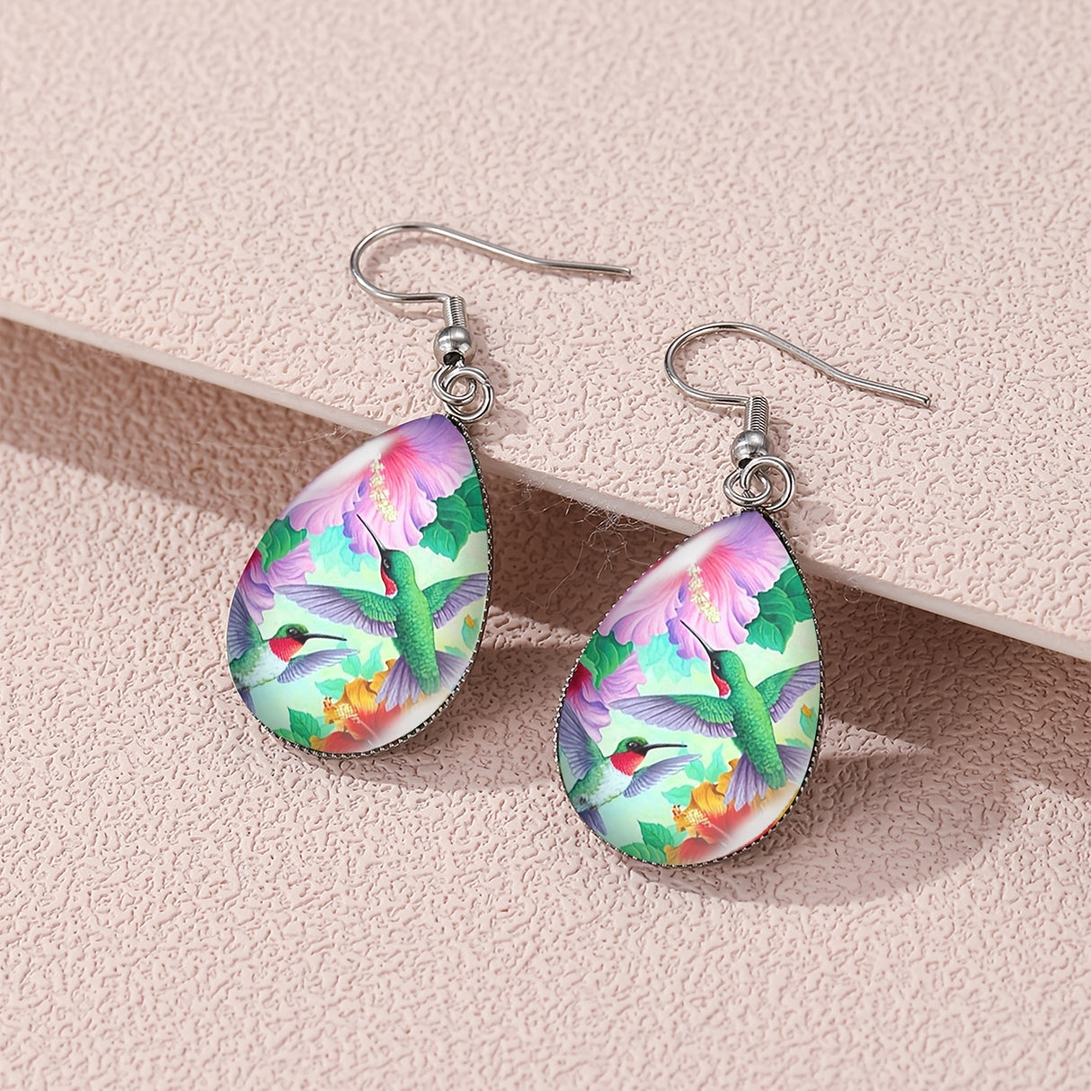 Elegant Sunflower & Hummingbird Water Drop Earrings - Stainless Steel Posts, Glass Material, Perfect for Casual Attire, Pair, Elegant Style