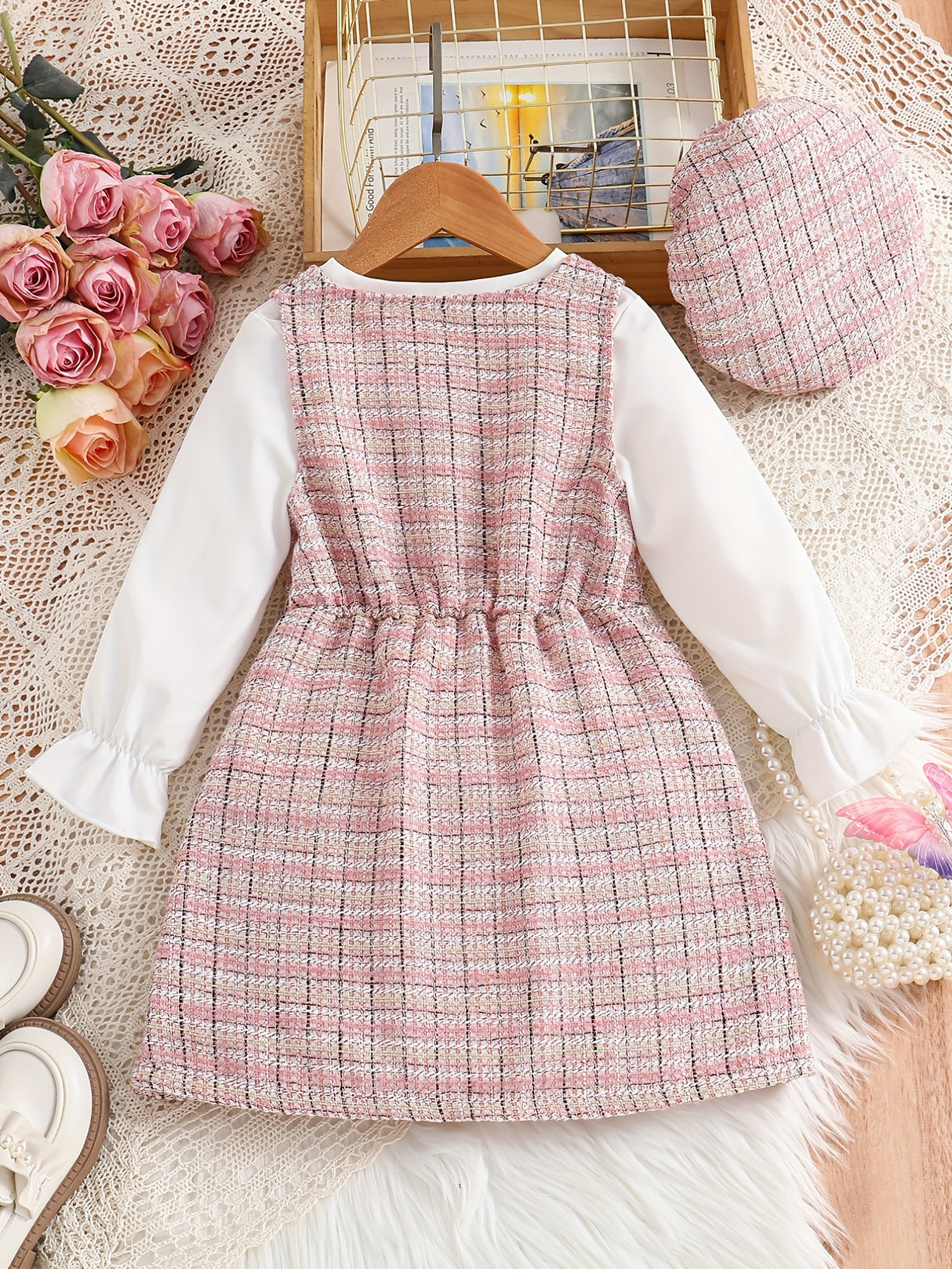 Girl's Elegant 2pcs, Long Sleeve Shirt & Knitted Dress Set, Bowknot Decor Plaid Pattern Casual Outfits, Kids Clothes For Spring Autumn