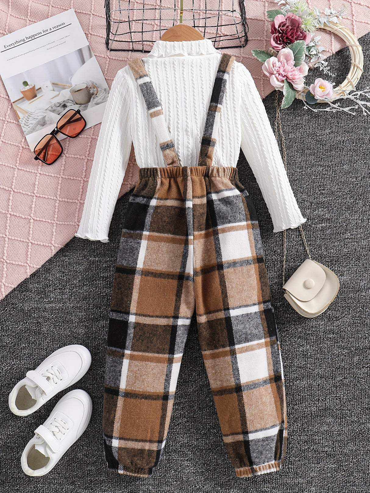 Girls 2pc, Solid Pullover Long Sleeve Top + Plaid Jumpsuit Kids Clothes For Spring Fall Outdoor