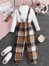 Girls 2pc, Solid Pullover Long Sleeve Top + Plaid Jumpsuit Kids Clothes For Spring Fall Outdoor