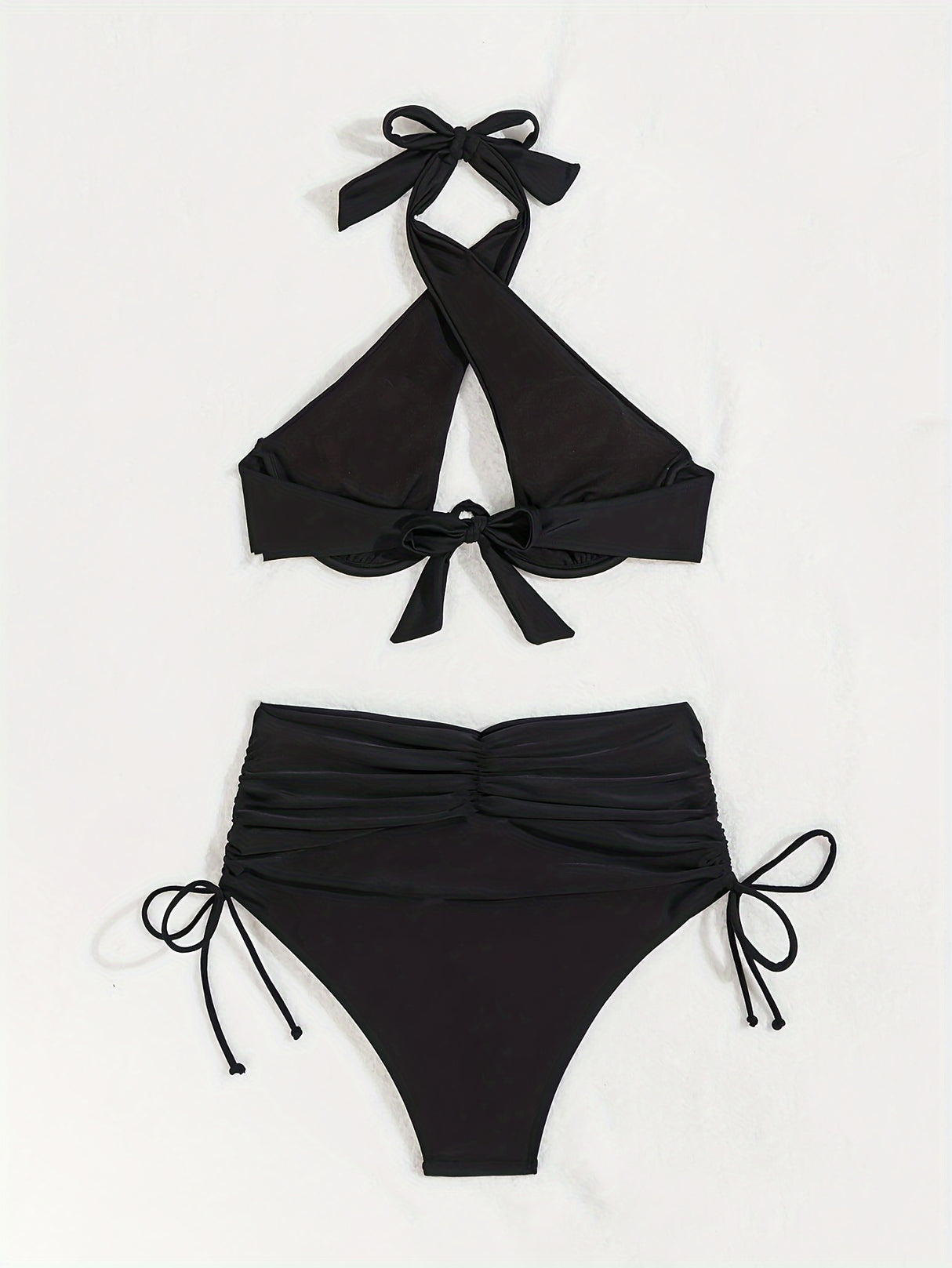 Elegant Halter Neck Bikini Set with High-Waist Tummy Control - Stretchy, Non-Transparent Nylon Blend Swimsuit for Women, High Waisted Bikini Set