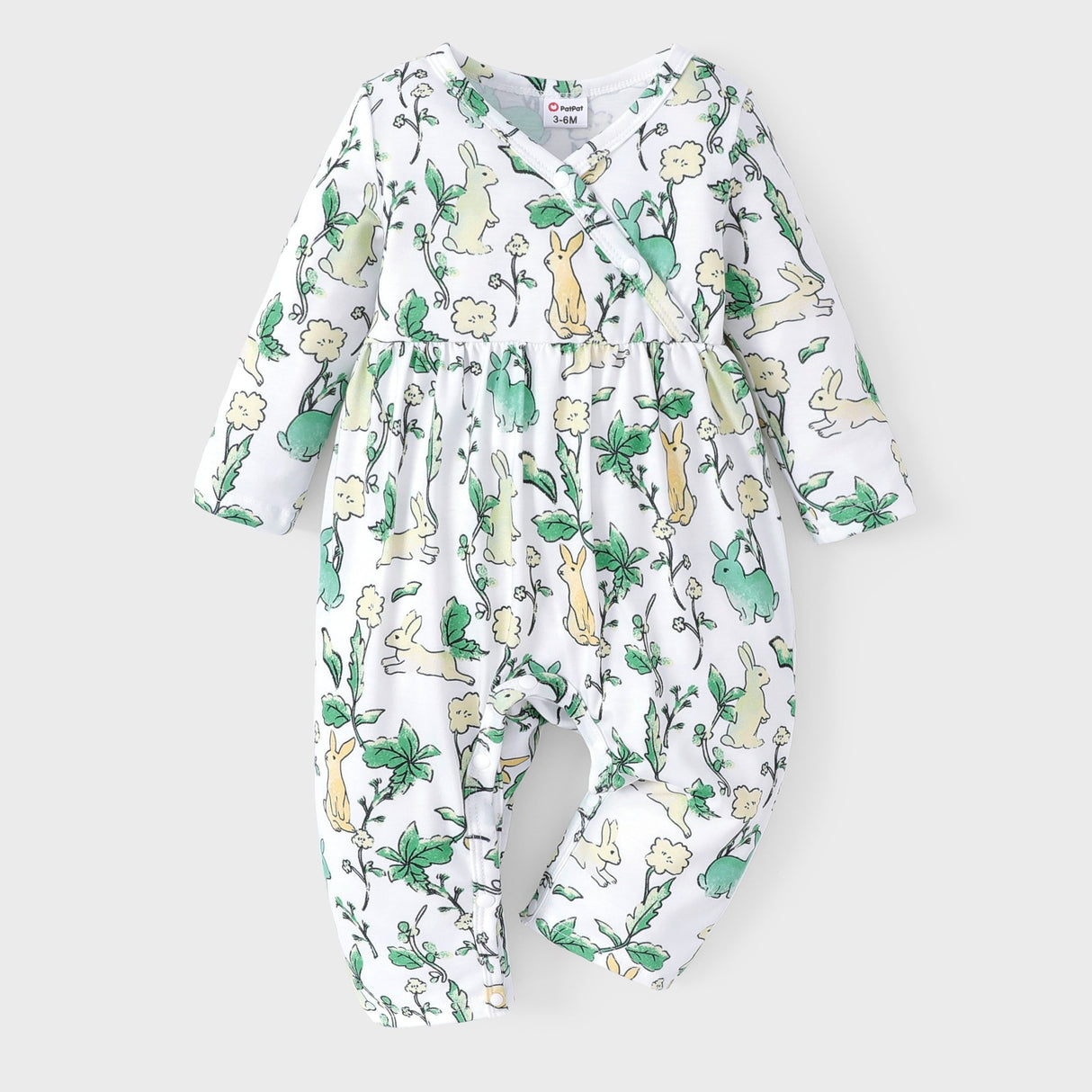 PatPat Baby Girl Cute All Over Rabbit Print/Solid Ribbed V Neck Short-sleeve Jumpsuit For Summer Outdoor Wear