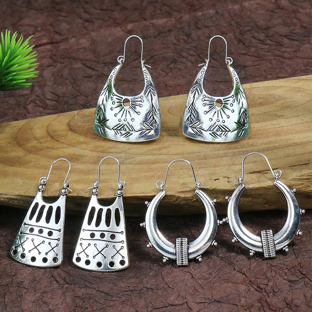 Boho Hollow Dangle Earrings - Vintage Ancient Silver U-Shaped Jewelry for Women