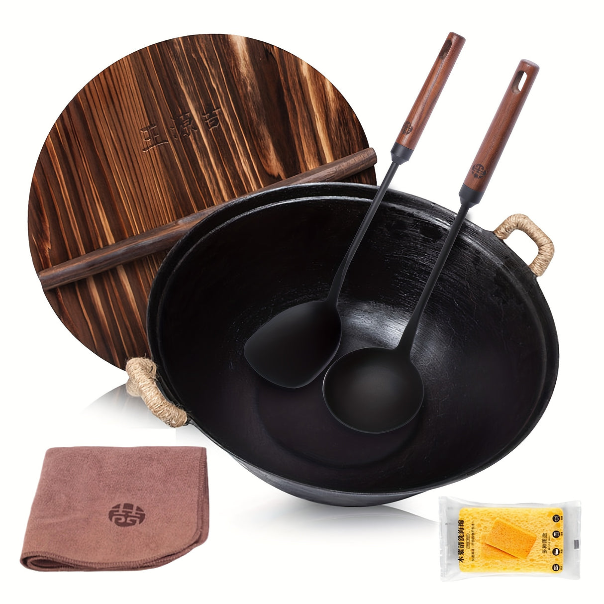 WYJ Handmade Binaural Iron Wok with Wooden Lid & Shovel Spoon Set - Round/Flat Bottom Choose, Uncoated Cast Iron Wok for All Stoves 30/34/36/38cm