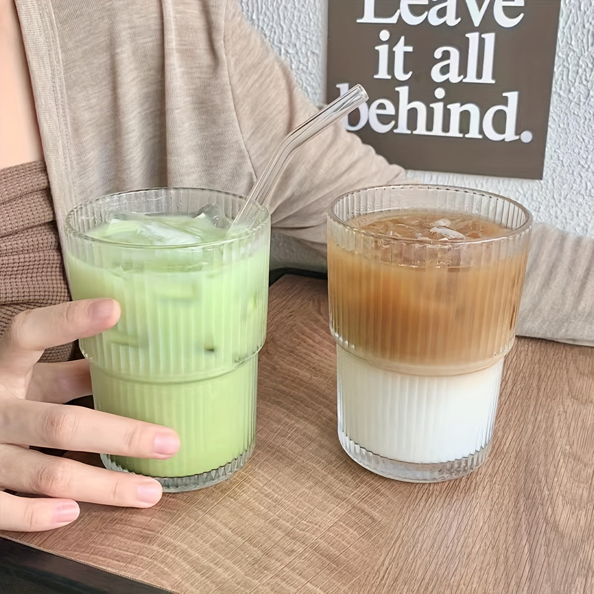 1pc Ribbed Glass Tumbler With Lid And Straw, Origami Style Drinking Glass, Iced Coffee Cups, Summer Winter Drinkware, Travel Accessories