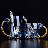 1pc Delicate Rose Enamel Butterfly Painted Clear Glass Tea Cup Coffee Mug Tumbler with Spoon Set - Lead-Free, Reusable, Hand Wash Only, Round Shape, Multipurpose, Perfect for Valentines Day Gift