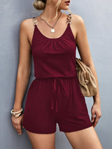 Women's Black Sleeveless Romper with Golden Chain Detail - Casual V-Neck Jumpsuit with Adjustable Drawstring Waist and Ring Accents, Perfect for Spring/Summer, Ladies Rompers And Jumpsuits