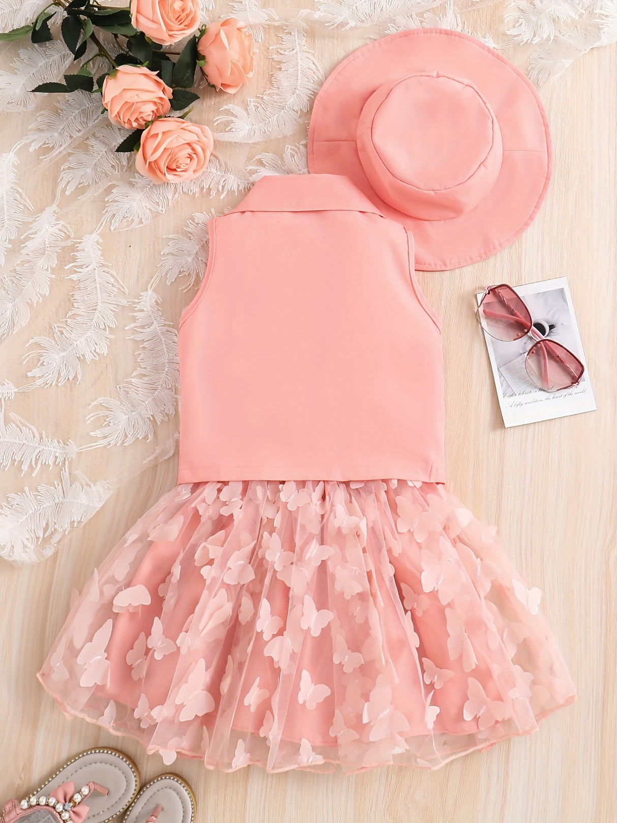 4-Piece Girl's Vest, Camisole, Hat, and Elastic Waist Skirt Set - Butterfly Mesh Decor, Cute Trendy Outfits for Summer, Breathable, Comfortable, and Adorable Kids Clothes for Little Princesses