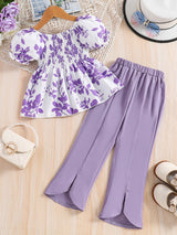 Girls 2pcs Shirred Shirt & Elastic Waist Flared Pants Set Floral Print Short Puff Sleeve Top Elegant Kids Clothes Summer